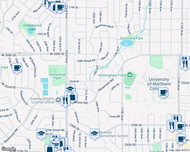 map of restaurants, bars, coffee shops, grocery stores, and more near 2124 19th Avenue in Greeley
