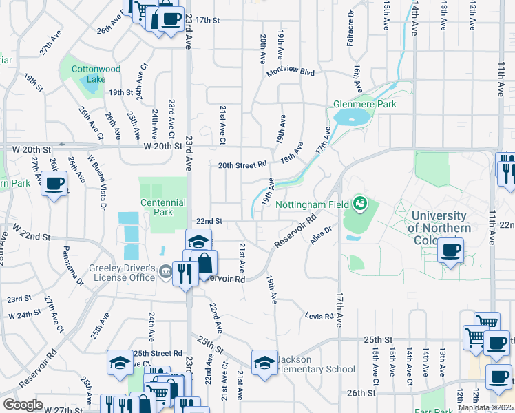 map of restaurants, bars, coffee shops, grocery stores, and more near 2124 21st Avenue in Greeley