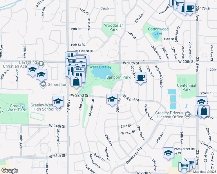 map of restaurants, bars, coffee shops, grocery stores, and more near 2126 28th Avenue Court in Greeley