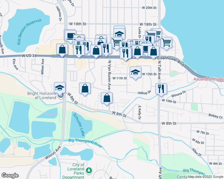 map of restaurants, bars, coffee shops, grocery stores, and more near 1816 West 10th Street in Loveland