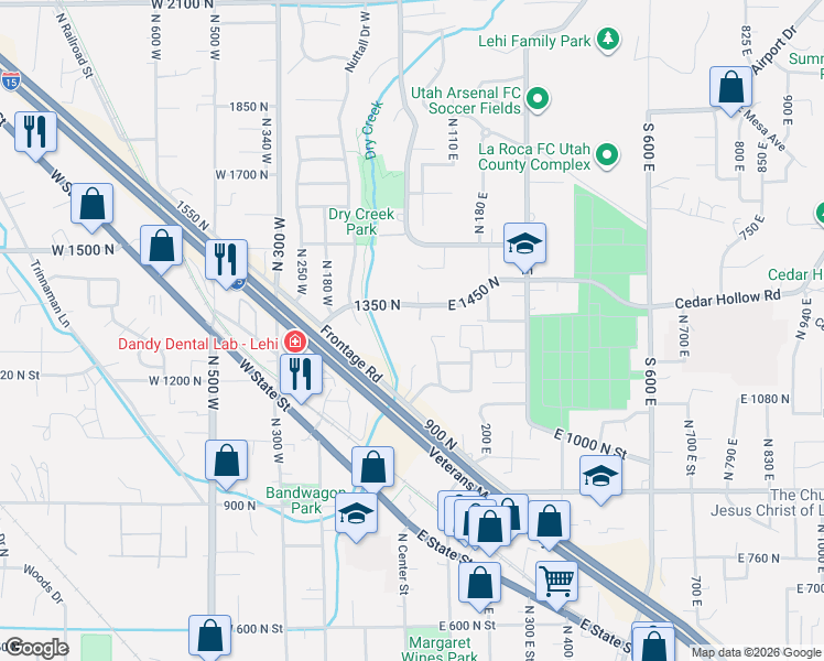 map of restaurants, bars, coffee shops, grocery stores, and more near 18 West 1450 North in Lehi