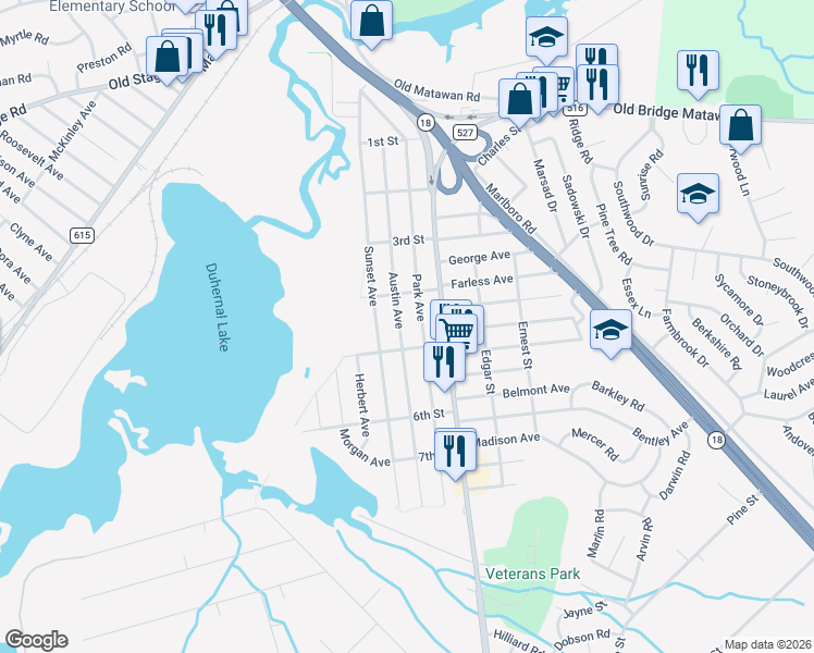 map of restaurants, bars, coffee shops, grocery stores, and more near 213 Park Avenue in Old Bridge