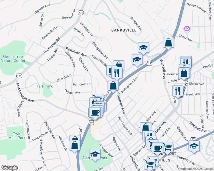 map of restaurants, bars, coffee shops, grocery stores, and more near 2222 Potomac Avenue in Pittsburgh