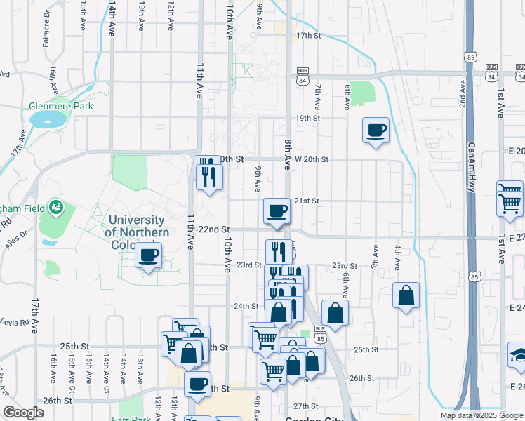 map of restaurants, bars, coffee shops, grocery stores, and more near 2100 9th Avenue in Greeley