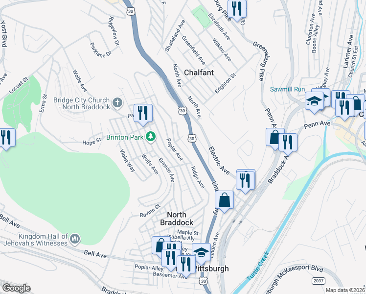 map of restaurants, bars, coffee shops, grocery stores, and more near 1505 Ridge Avenue in Braddock