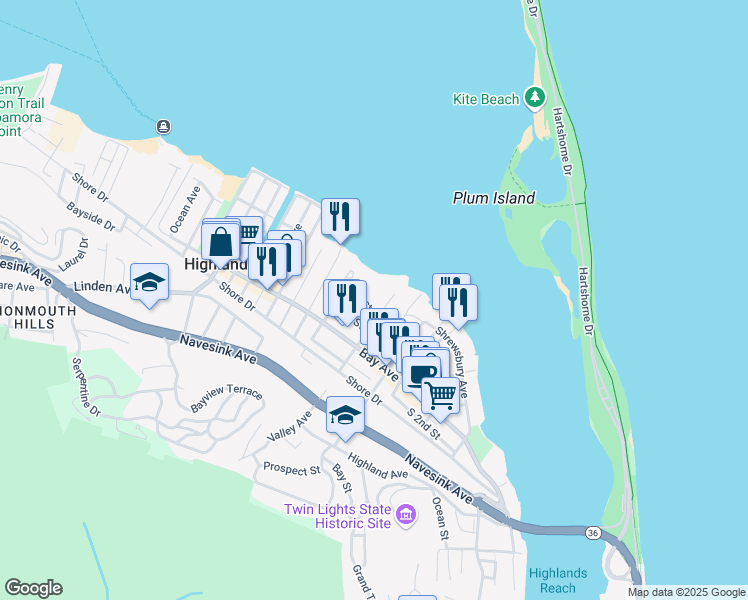 map of restaurants, bars, coffee shops, grocery stores, and more near 54 5th Street in Highlands