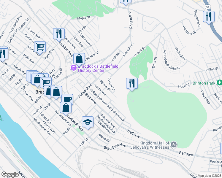 map of restaurants, bars, coffee shops, grocery stores, and more near 915 Spring Street in Braddock