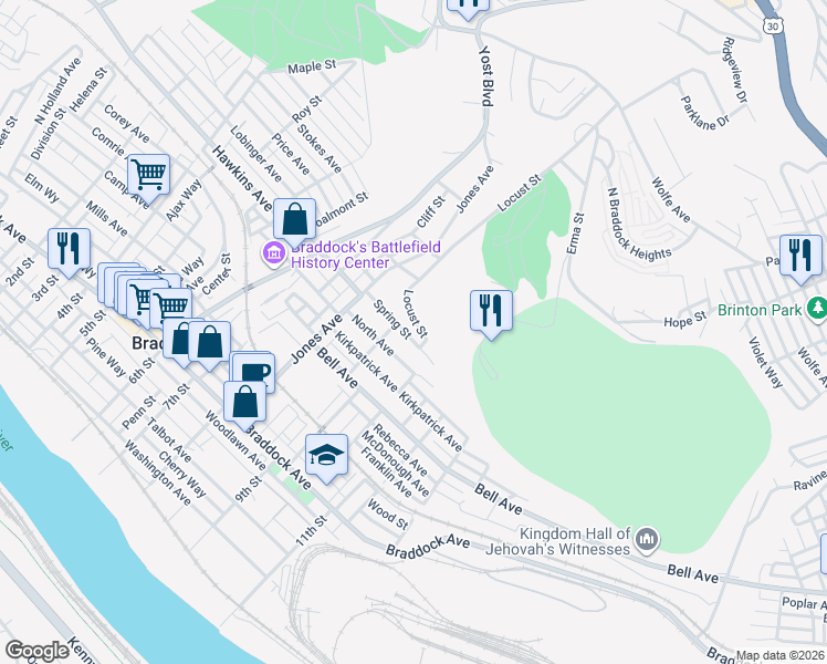 map of restaurants, bars, coffee shops, grocery stores, and more near 915 Spring Street in Braddock
