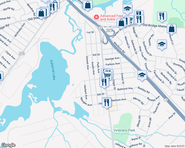 map of restaurants, bars, coffee shops, grocery stores, and more near 159 Austin Avenue in Old Bridge Township