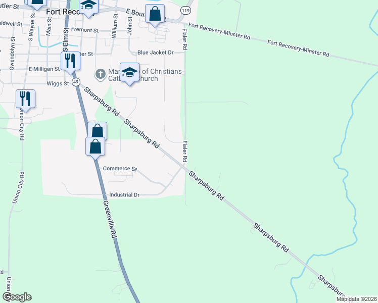 map of restaurants, bars, coffee shops, grocery stores, and more near 1742 Flaler Road in Fort Recovery