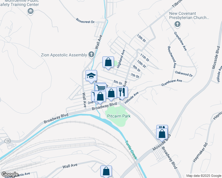 map of restaurants, bars, coffee shops, grocery stores, and more near 409 Highland Avenue in Pitcairn