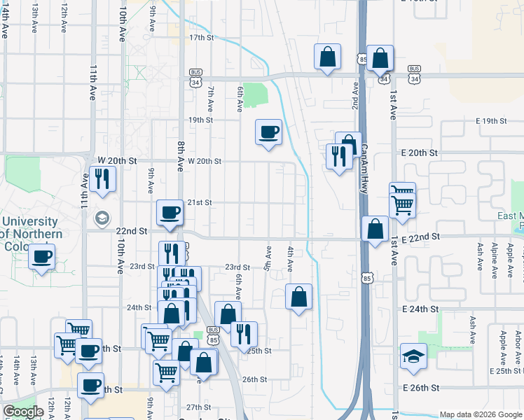 map of restaurants, bars, coffee shops, grocery stores, and more near 512 21st Street in Greeley