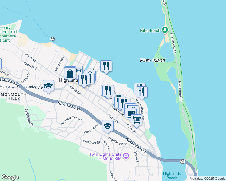map of restaurants, bars, coffee shops, grocery stores, and more near 54 5th Street in Highlands