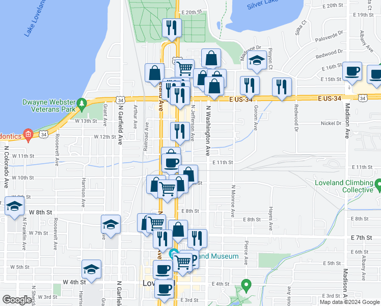 map of restaurants, bars, coffee shops, grocery stores, and more near 1113 North Jefferson Avenue in Loveland