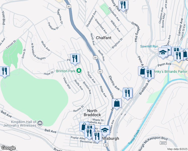 map of restaurants, bars, coffee shops, grocery stores, and more near 1505 Ridge Avenue in Braddock