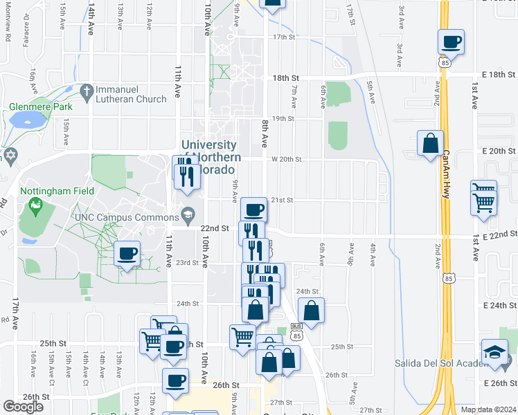 map of restaurants, bars, coffee shops, grocery stores, and more near 2102 U.S. 85 Business in Greeley