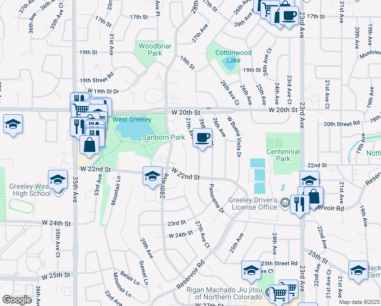 map of restaurants, bars, coffee shops, grocery stores, and more near 2124 27th Avenue Court in Greeley