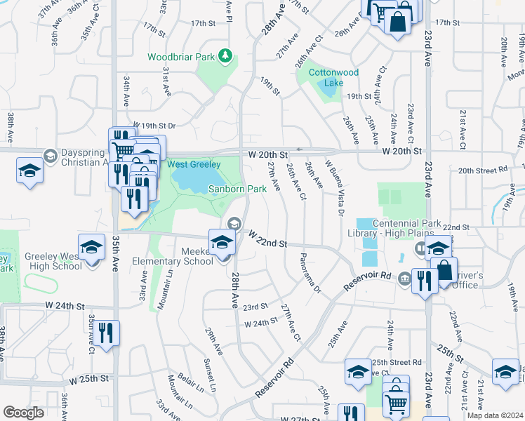 map of restaurants, bars, coffee shops, grocery stores, and more near 2124 27th Avenue Court in Greeley