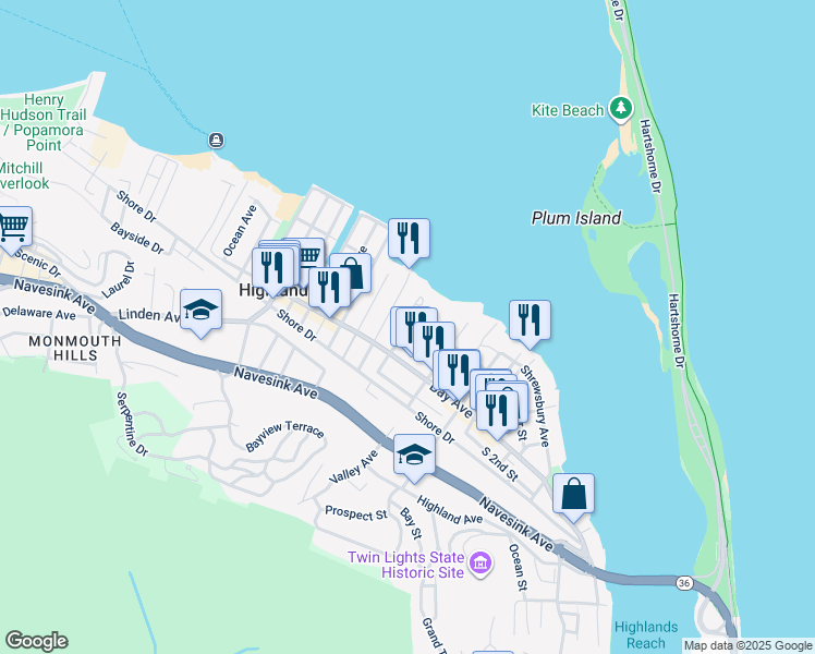 map of restaurants, bars, coffee shops, grocery stores, and more near 17 Atlantic Street in Highlands