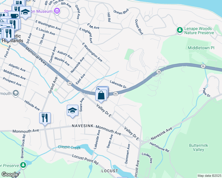 map of restaurants, bars, coffee shops, grocery stores, and more near 1025 New Jersey 36 in Rumson