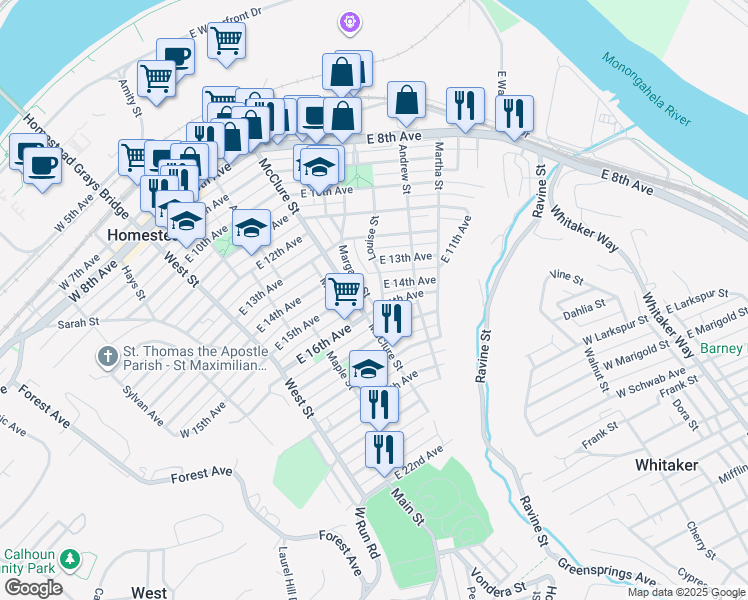 map of restaurants, bars, coffee shops, grocery stores, and more near 1402 Louise Street in Munhall