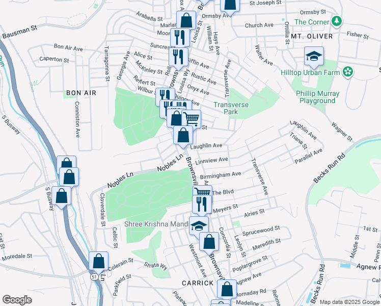 map of restaurants, bars, coffee shops, grocery stores, and more near 1150 Brownsville Road in Pittsburgh