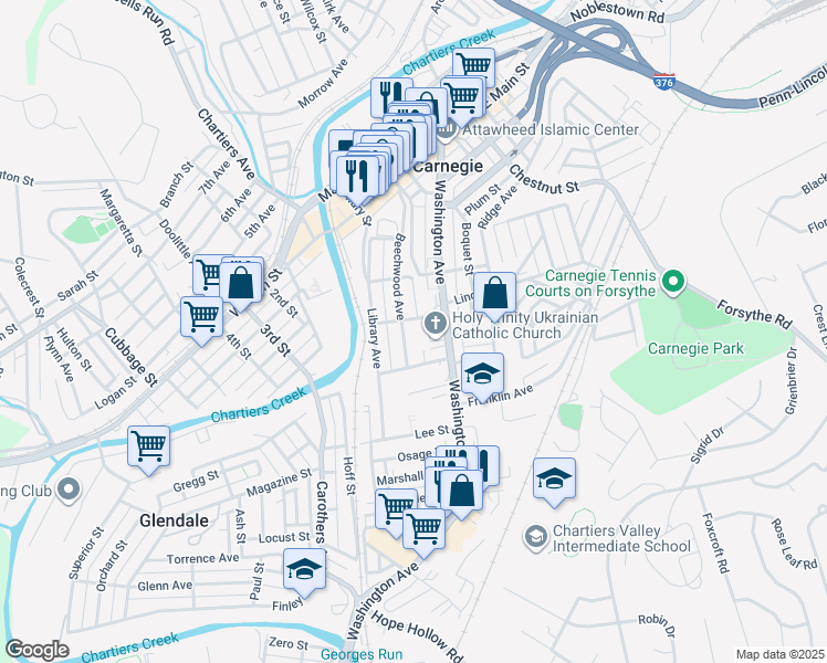 map of restaurants, bars, coffee shops, grocery stores, and more near 601 Beechwood Avenue in Carnegie
