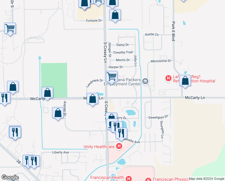map of restaurants, bars, coffee shops, grocery stores, and more near 985A South Creasy Lane in Lafayette