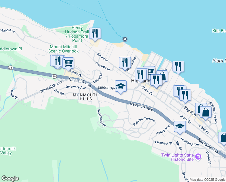 map of restaurants, bars, coffee shops, grocery stores, and more near 185 Linden Avenue in Highlands
