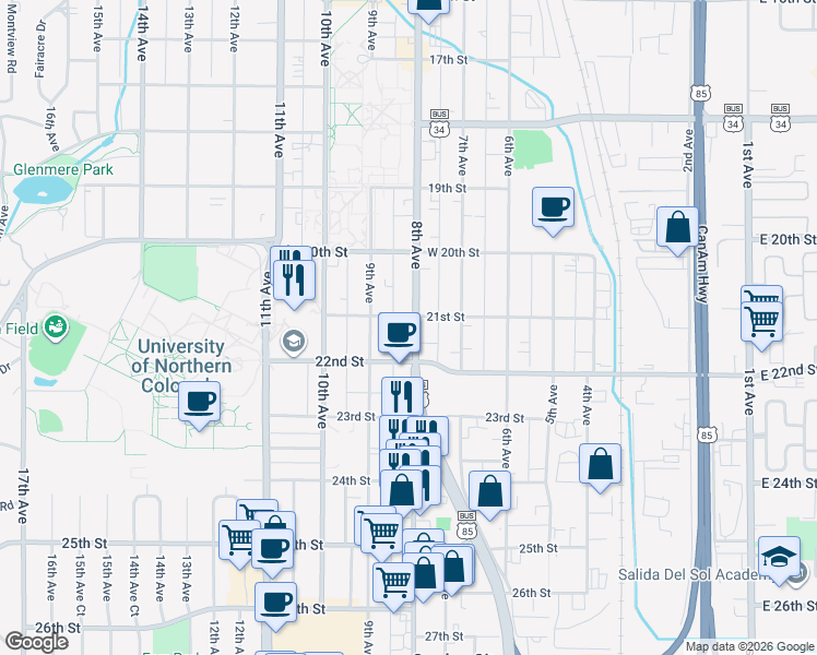 map of restaurants, bars, coffee shops, grocery stores, and more near 2105 8th Avenue in Greeley