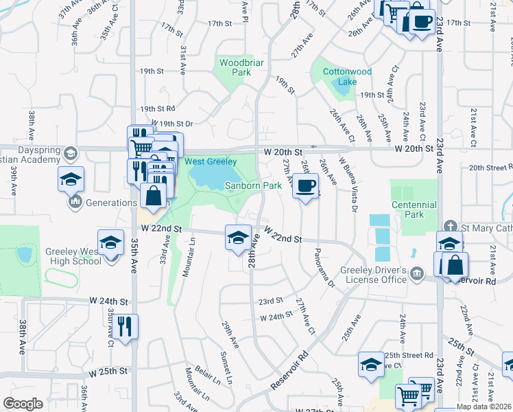 map of restaurants, bars, coffee shops, grocery stores, and more near 2133 28th Avenue Court in Greeley