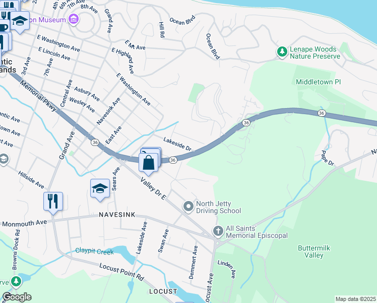 map of restaurants, bars, coffee shops, grocery stores, and more near 254 Lakeside Drive in Atlantic Highlands