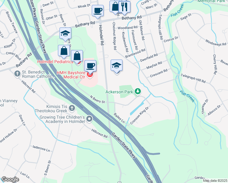 map of restaurants, bars, coffee shops, grocery stores, and more near 100 Crape Myrtle Drive in Holmdel