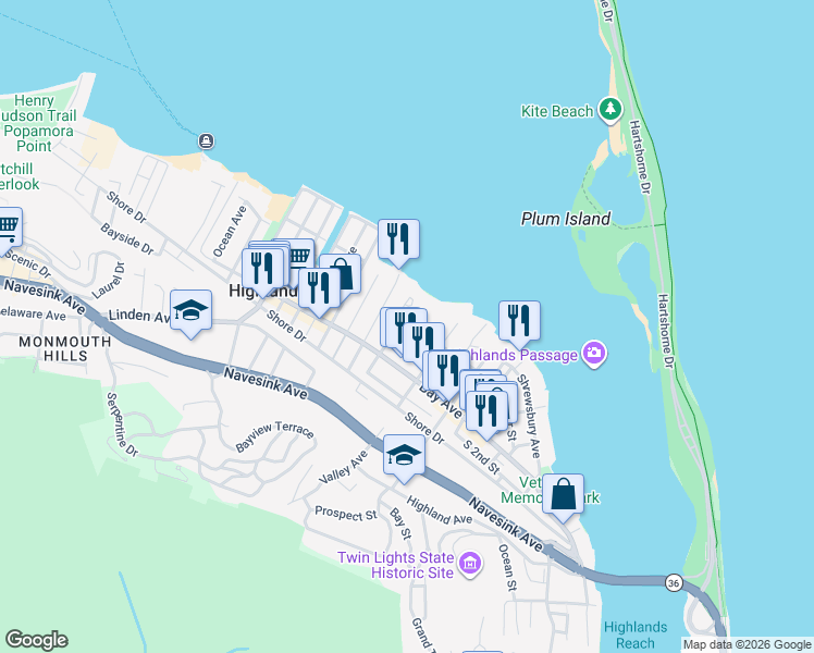 map of restaurants, bars, coffee shops, grocery stores, and more near 17 Atlantic Street in Highlands