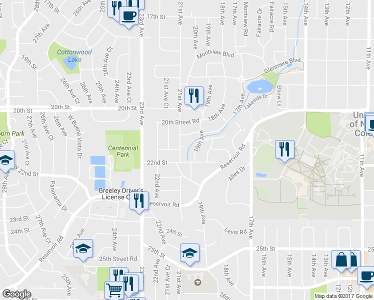 map of restaurants, bars, coffee shops, grocery stores, and more near 2124 21st Avenue in Greeley