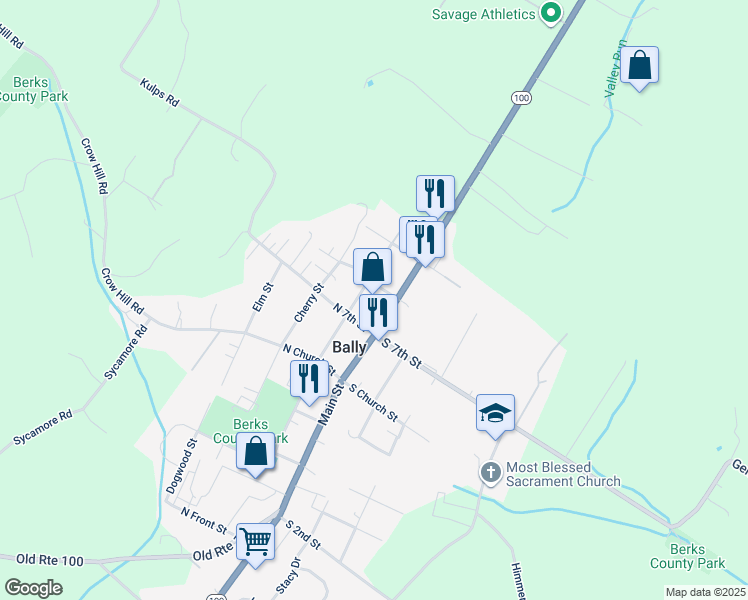 map of restaurants, bars, coffee shops, grocery stores, and more near 23 North 7th Street in Bally
