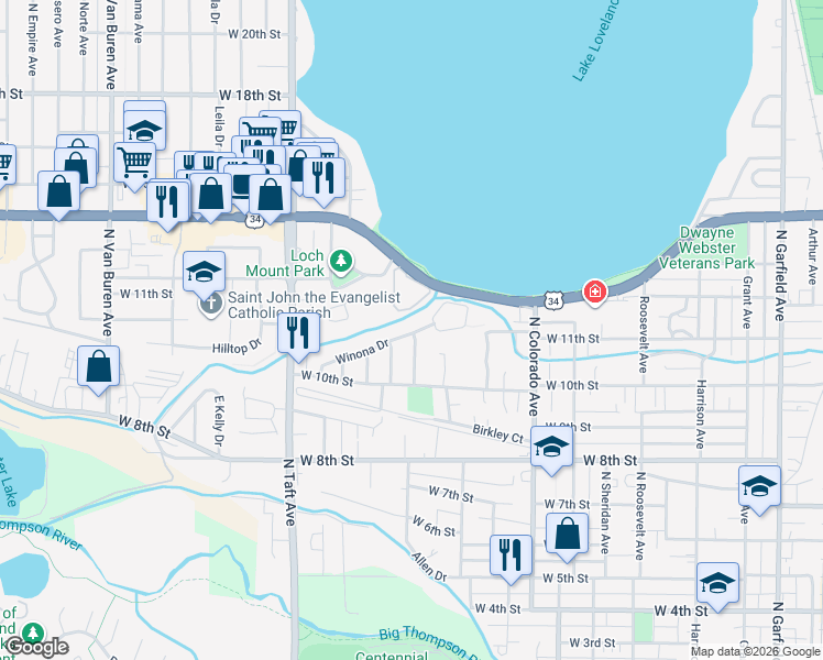 map of restaurants, bars, coffee shops, grocery stores, and more near 1083 Winona Drive in Loveland