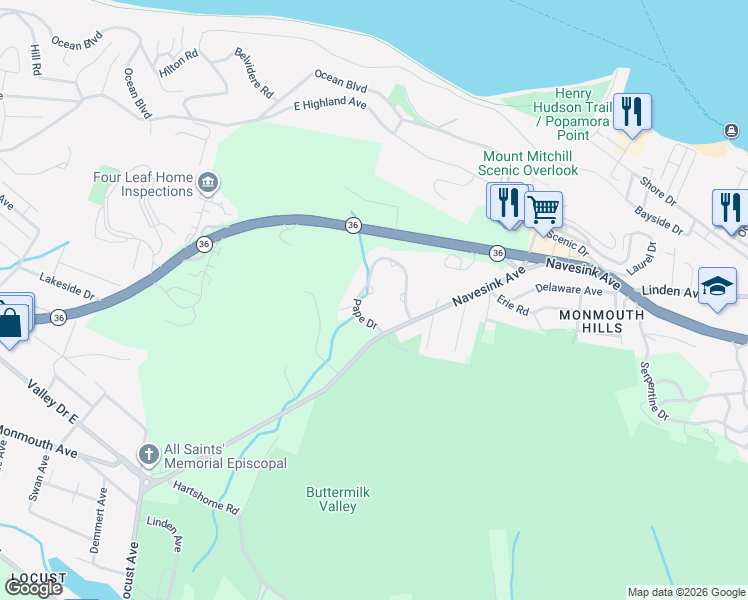 map of restaurants, bars, coffee shops, grocery stores, and more near 64 Pape Drive in Atlantic Highlands