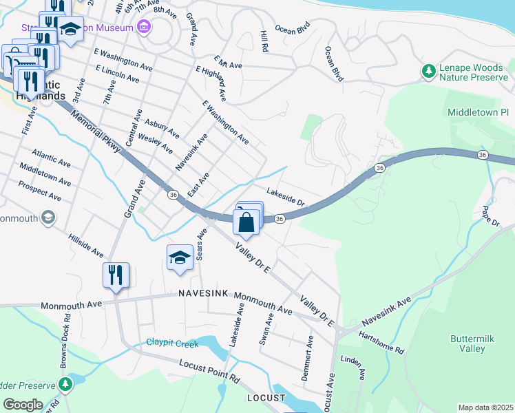 map of restaurants, bars, coffee shops, grocery stores, and more near 1025 New Jersey 36 in Rumson