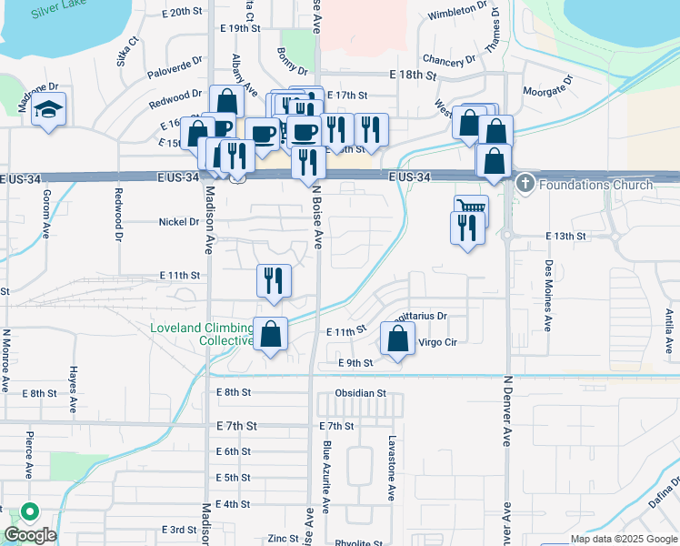 map of restaurants, bars, coffee shops, grocery stores, and more near 1798 Pearl Drive in Loveland