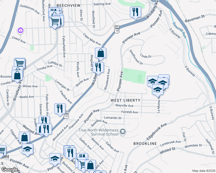 map of restaurants, bars, coffee shops, grocery stores, and more near 1922 Woodward Avenue in Pittsburgh