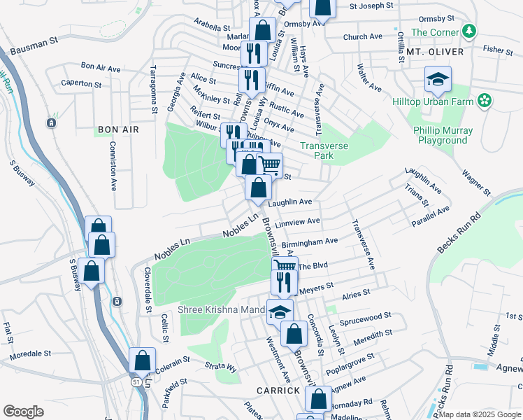 map of restaurants, bars, coffee shops, grocery stores, and more near 1150 Brownsville Road in Pittsburgh