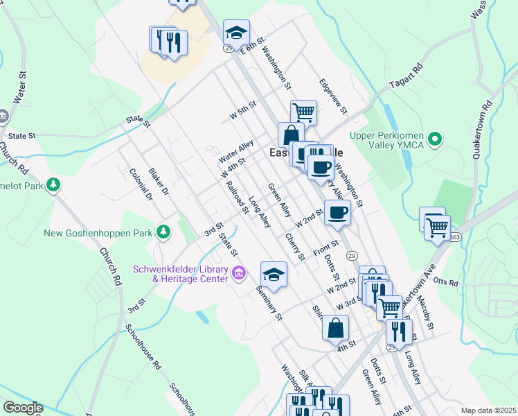 map of restaurants, bars, coffee shops, grocery stores, and more near 327 3rd Street in East Greenville