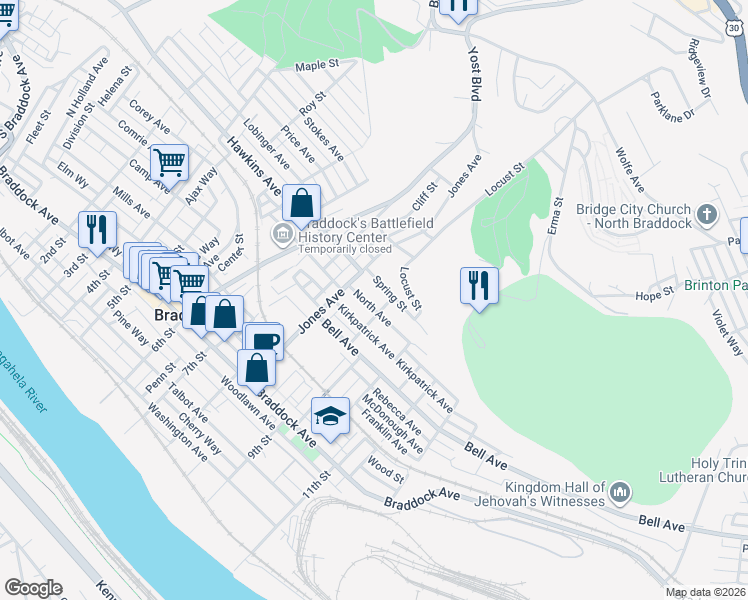 map of restaurants, bars, coffee shops, grocery stores, and more near 830 Spring Street in Braddock