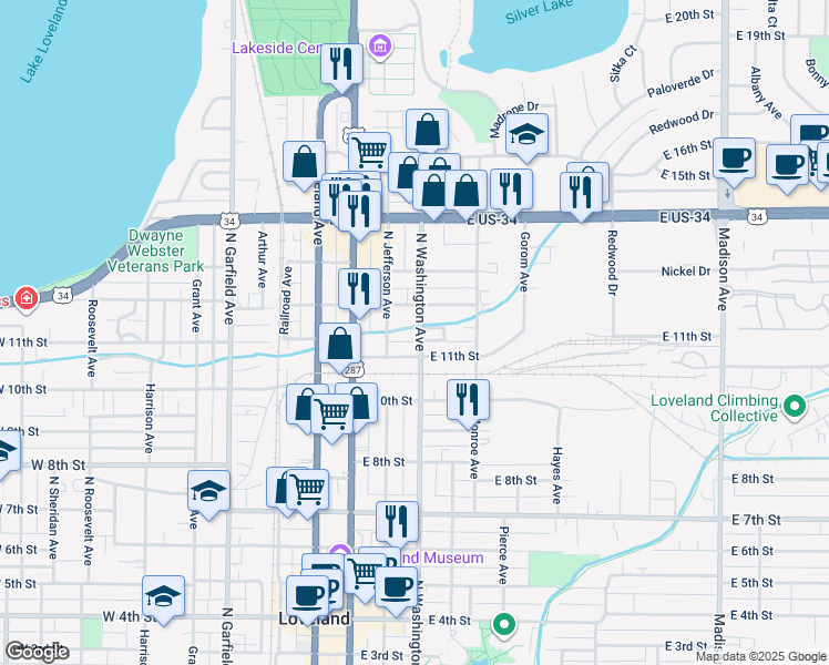 map of restaurants, bars, coffee shops, grocery stores, and more near 1105 North Washington Avenue in Loveland