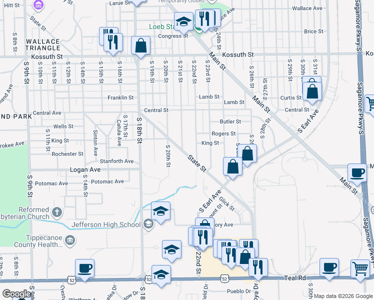 map of restaurants, bars, coffee shops, grocery stores, and more near 2104 State Street in Lafayette
