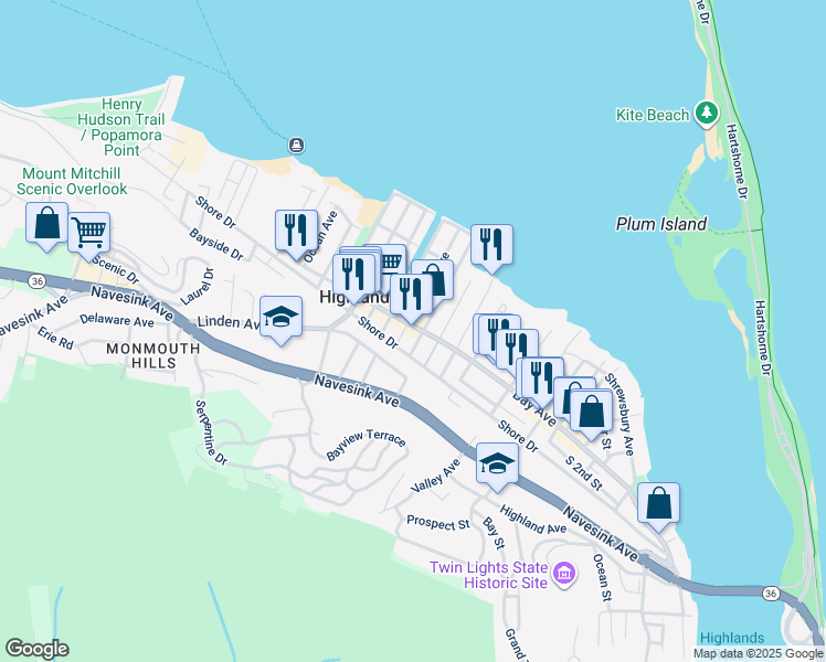 map of restaurants, bars, coffee shops, grocery stores, and more near 279 Bay Avenue in Highlands