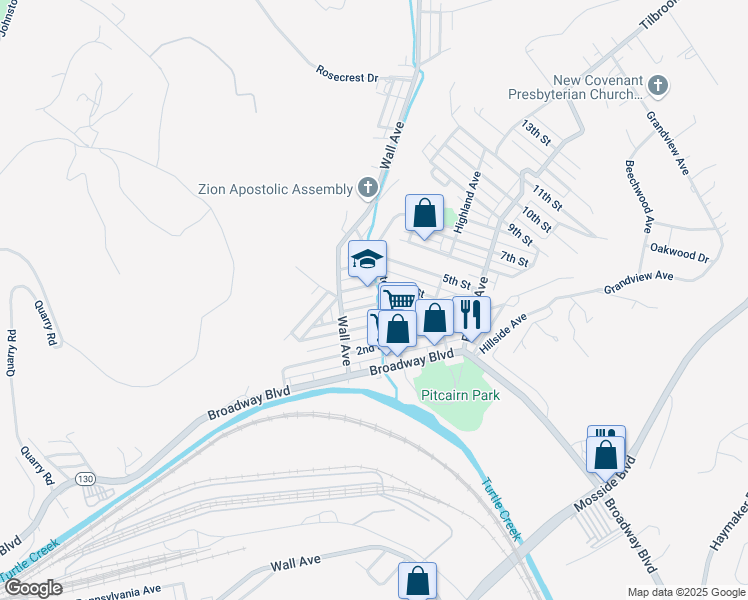 map of restaurants, bars, coffee shops, grocery stores, and more near 448 Eleanor Street in Pitcairn