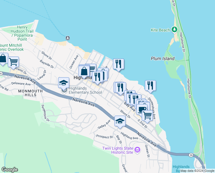 map of restaurants, bars, coffee shops, grocery stores, and more near 138 Marina Bay Court in Highlands