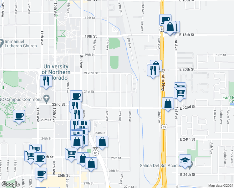 map of restaurants, bars, coffee shops, grocery stores, and more near 512 21st Street in Greeley